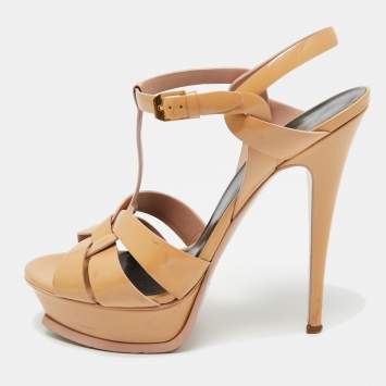 Pre Owned Saint Laurent Beige Patent Leather Tribute Platform Sandals Size 40