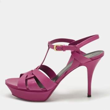 Pre Owned Saint Laurent  Purple Leather Tribute Platform Sandals Size 41.5