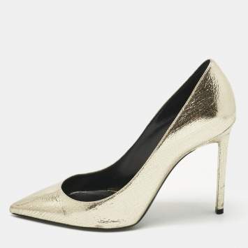 Pre Owned Saint Laurent Gold Texture Leather Anja Pointed Toe Pumps Size 39
