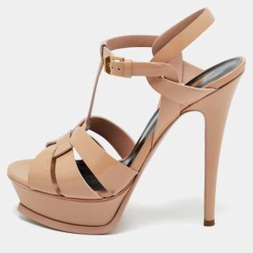 Pre Owned Saint Laurent Beige Patent Leather Tribute Platform Ankle Strap Sandals Size 37