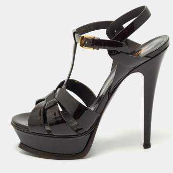 Pre Owned Saint Laurent Burgundy Patent Leather Tribute Platform Ankle Strap Sandals Size 37