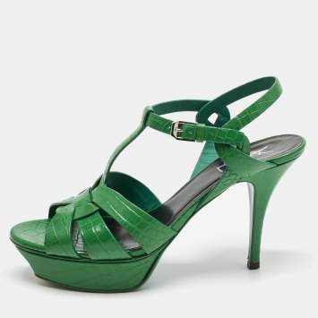 Pre Owned Saint Laurent Green Croc Embossed Leather Tribute Platform Sandals Size 39.5