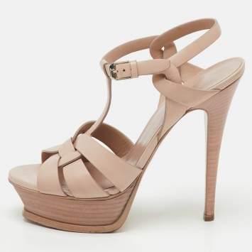 Pre Owned Saint Laurent Pink Leather Tribute Platform Ankle Strap Sandals Size 37