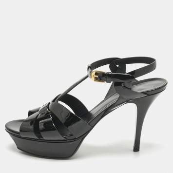 Pre Owned Saint Laurent Black Patent Leather Tribute Sandals Size 39