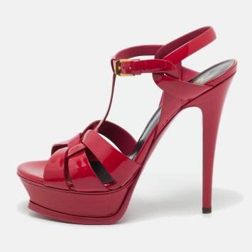 Pre Owned Saint Laurent Purple Patent Leather Tribute Ankle Strap Sandals Size 38.5