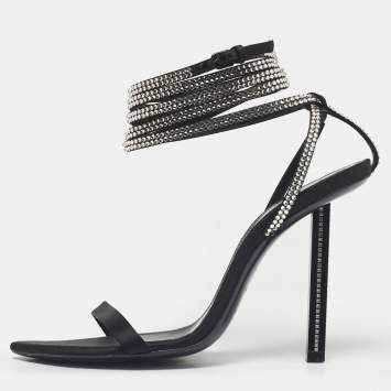 Pre Owned Saint Laurent Black Satin Georgia Ankle Strap Sandals Size 38