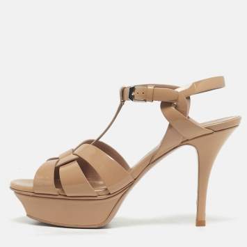 Pre Owned Saint Laurent Paris Beige Patent Leather Platform Sandals Size 36.5