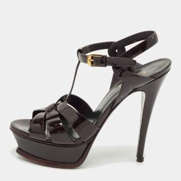 Pre Owned Saint Laurent Burgundy Patent Leather Tribute Platform Sandals Size 36.5
