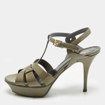 Pre Owned Saint Laurent Grey Patent Leather Tribute Platform Ankle Strap Sandals Size 39
