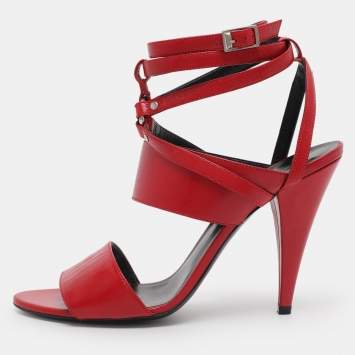 Pre Owned Saint Laurent Paris Red Leather Ankle Strap Sandals Size 38.5