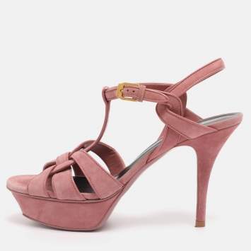 Pre Owned Saint Laurent Paris Pink Suede Tribute Platform Sandals Size 37.5