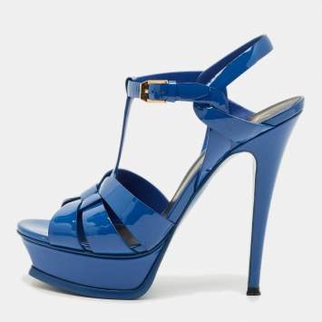 Pre Owned Saint Laurent Blue Patent Leather Tribute Platform Sandals Size 37.5
