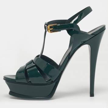 Pre Owned Saint Laurent Green Patent Leather Tribute Platform Sandals Size 38