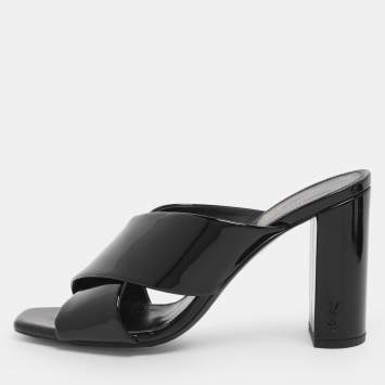 Pre Owned Saint Laurent Paris Black Patent Leather Loulou Slide Sandals Size 36