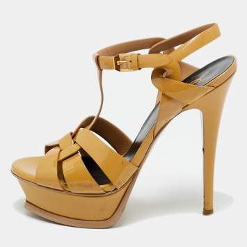 Pre Owned Saint Laurent Beige Patent Leather Tribute Platform Sandals Size 36.5