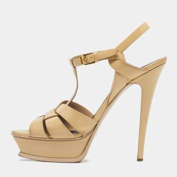 Pre Owned Saint Laurent Beige Patent Leather Tribute Platform Sandals Size 40