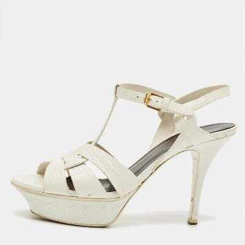 Pre Owned Saint Laurent White Lizard Embossed Leather Tribute Platform Sandals Size 37.5