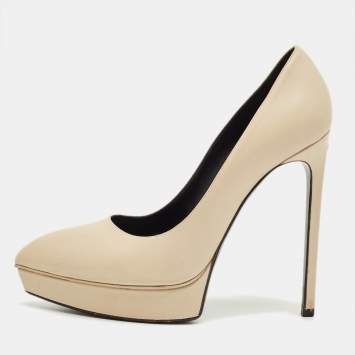 Pre Owned Saint Laurent Beige Leather Janis Pointed Toe Platform Pumps Size 38