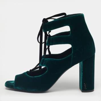 Pre Owned Saint Laurent Dark Green Velvet Loulou Ankle Tie Sandals Size 41