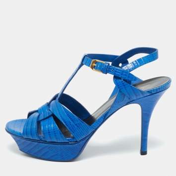 Pre Owned Saint Laurent Paris Blue Lizard Embossed Leather Tribute Platform Sandals Size 37.5