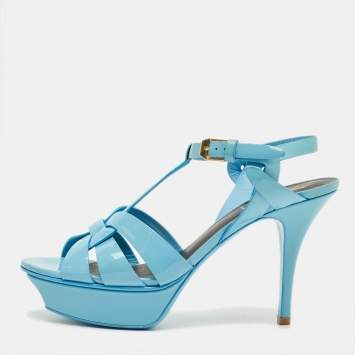 Pre Owned Saint Laurent Paris Sky Blue Patent Leather Tribute Platform Sandals Size 37.5