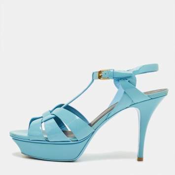 Pre Owned Saint Laurent Blue Patent Leather Platform Sandals Size 40