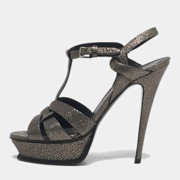 Pre Owned Saint Laurent Grey/Gold Leather Tribute Platform Sandals Size 39