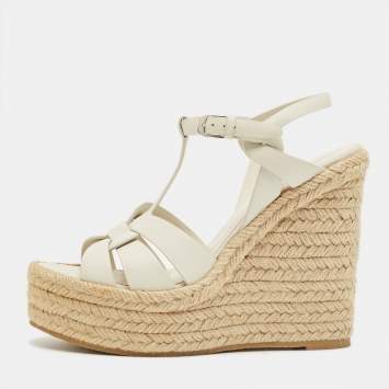 مملوكة مسبقًا Saint Laurent Paris White Leather Tribute Espadrille Wedge Sandals Size 39