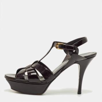 Pre Owned Saint Laurent Burgundy Patent Leather Tribute Ankle Strap Sandals Size 37.5