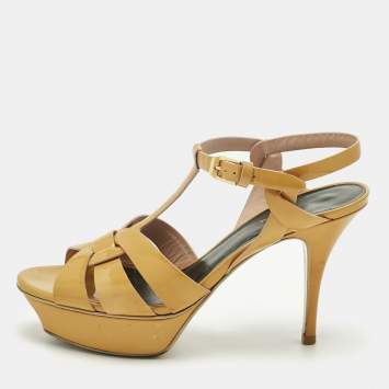 Pre Owned Saint Laurent Yellow Patent Leather Tribute Ankle Strap Sandals Size 38