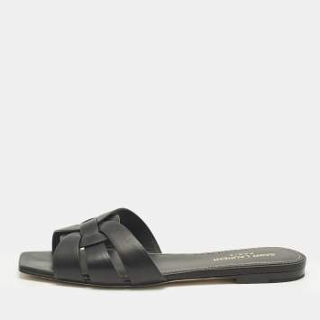 Pre Owned Saint Laurent Black Leather Tribute Flat Sandals Size 37.5