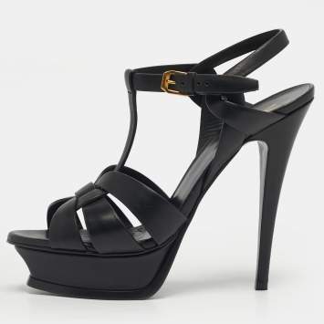 Pre Owned Saint Laurent Black Leather Platform Sandals Size 37.5
