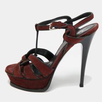 Pre Owned Saint Laurent Tribute Size 38 Burgundy Leather and Suede Platform Sandals