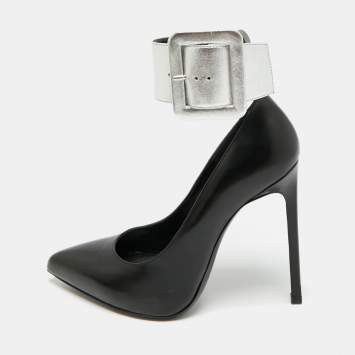 Pre Owned Saint Laurent Size 35.5 Black Leather  Escarpin Ankle Cuff Pumps