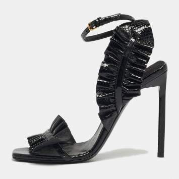 Pre Owned Saint Laurent Size 35 Black Snakeskin Embossed Patent Leather Ankle Strap Sandals