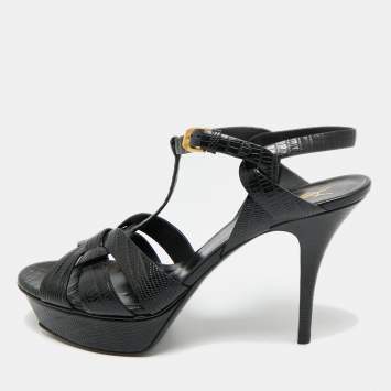 Pre Owned Saint Laurent Tribute Size 41.5 Black Lizard Embossed Leather Platform Sandals