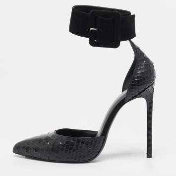 Pre Owned Saint Laurent Escarpin Size 39.5 Black Python and Suede Ankle Cuff Pumps