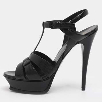 Pre Owned Saint Laurent Paris Tribute Size 40 Black Patent Leather Platform Sandals