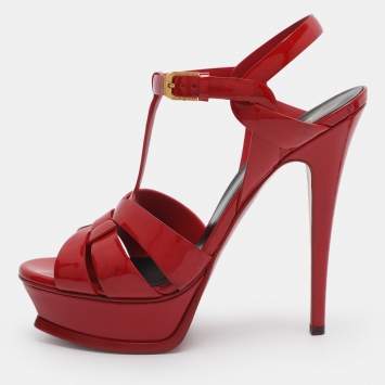 Pre Owned Saint Laurent Paris Tribute Size 38.5 Red Patent Leather Platform Sandals