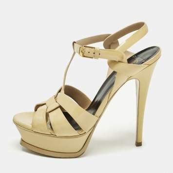 Pre Owned Saint Laurent Tribute Size 37.5 Beige Patent Leather Ankle Strap Sandals