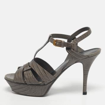 Pre Owned Saint Laurent Tribute Size 37 Grey Lizard Embossed Leather Platform Sandals