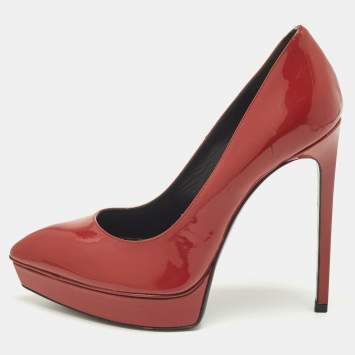 Pre Owned Saint Laurent Janis Size 38 Red Patent Leather Platform Pumps