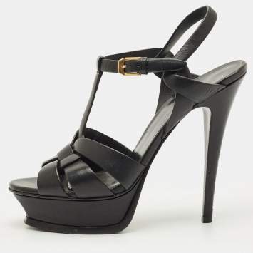 Pre Owned Saint Laurent Tribute Size 37 Black Leather Platform Sandals