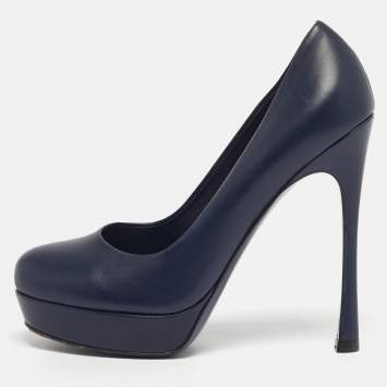 مملوكة مسبقًا Saint Laurent Tribtoo Size 38.5 Navy Blue Leather Platform Pumps