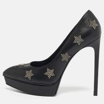 مملوكة مسبقًا Saint Laurent Paris Janis Size 37.5 Black Leather Studded  Pumps