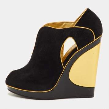 مملوكة مسبقًا Yves Saint Laurent Size 36 Black/Gold Cut-Out Suede Peep Toe Platform Wedge Pumps 