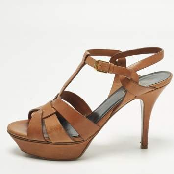 Pre Owned Saint Laurent Tribute Size 39 Brown Leather Ankle Strap Sandals