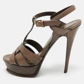 Pre Owned Saint Laurent Paris Tribute Size 37.5 Dark Brown Leather Platform Sandals