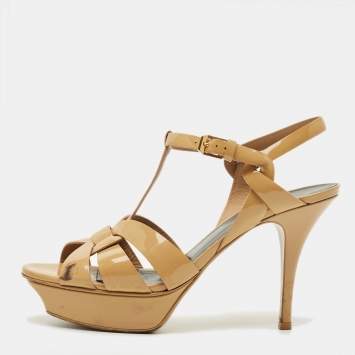Pre Owned Saint Laurent Tribute Size 39 Beige Patent Leather Ankle Strap Sandals