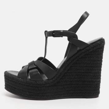 Pre Owned Saint Laurent Black Leather Tribute Espadrille Wedge Sandals Size 39.5